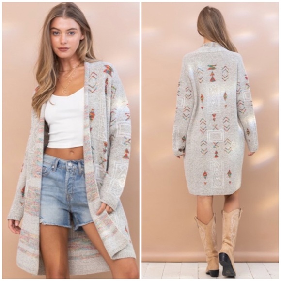 Sweaters - SOLD OUT Gray Colorful Aztec Tribal Western Marled Open Knit Cardigan Long